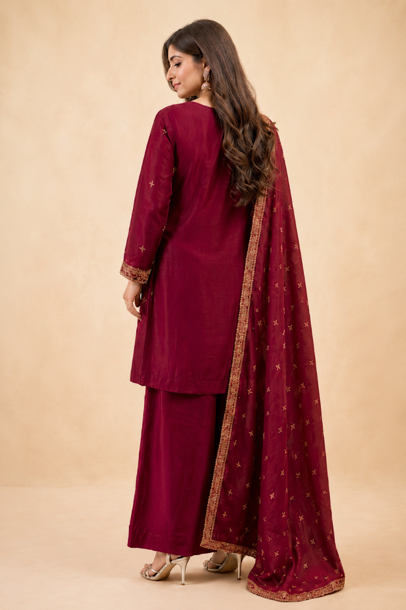 Crimson Luxe Embroidered 3-Piece Ensemble