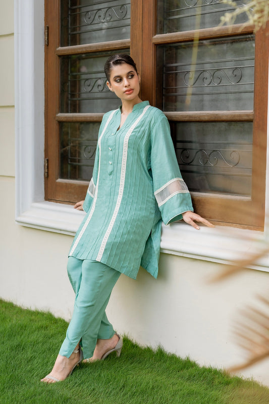 Premium Raw Silk 2-Piece Pintuck & Crochet Lace Suit | Ready To Wear