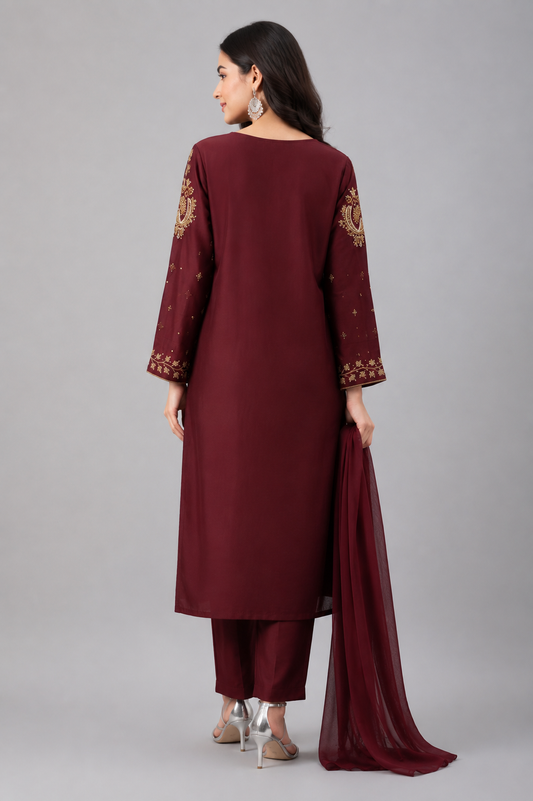 Maroon Elegance Goldwork 3-Piece Suit
