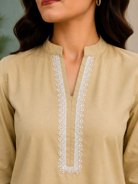 Elegant Khaadi Silk 2-Piece Suit with Delicate Lace Detailing | Ready T o Wear