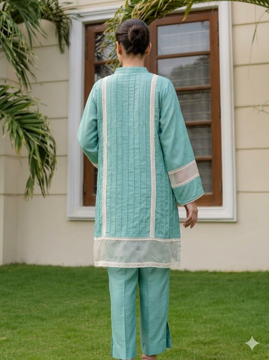Premium Raw Silk 2-Piece Pintuck & Crochet Lace Suit | Ready To Wear