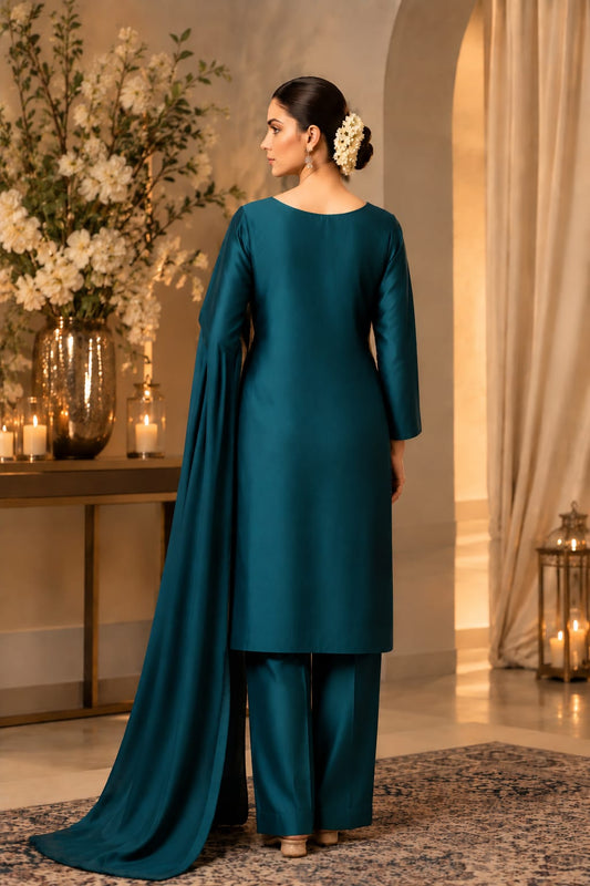 Teal Royale Embroidered Silk Suit