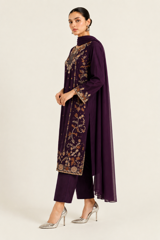 Plum Heritage Embroidered 3-Piece Suit