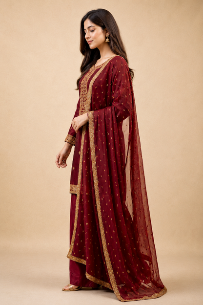 Crimson Luxe Embroidered 3-Piece Ensemble