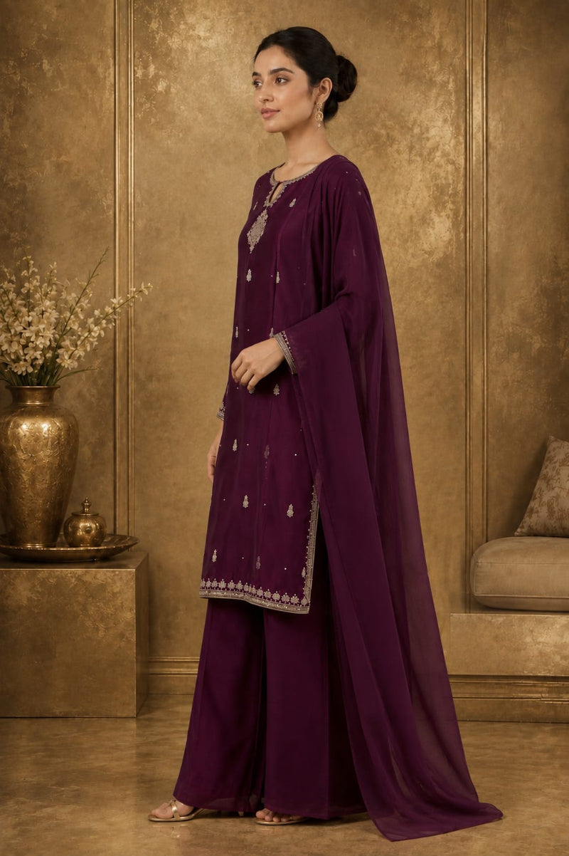 Plum Zari Embroidered 03-Piece Formal Suit