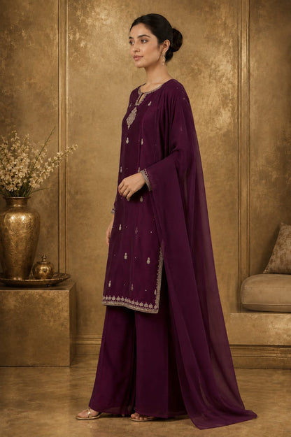 Plum Zari Embroidered 03-Piece Formal Suit