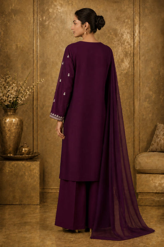 Plum Zari Embroidered 03-Piece Formal Suit