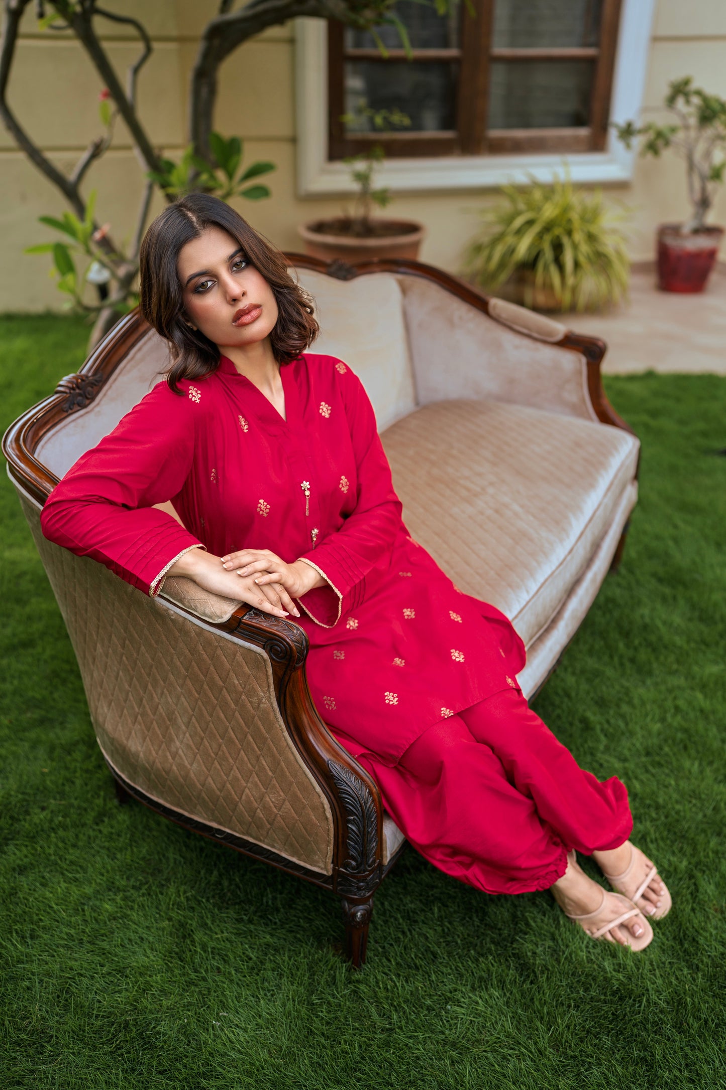 Premium Khaadi Silk 2-Piece Block Print Balloon Pants Suit