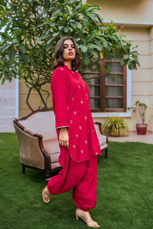 Premium Khaadi Silk 2-Piece Block Print Balloon Pants Suit