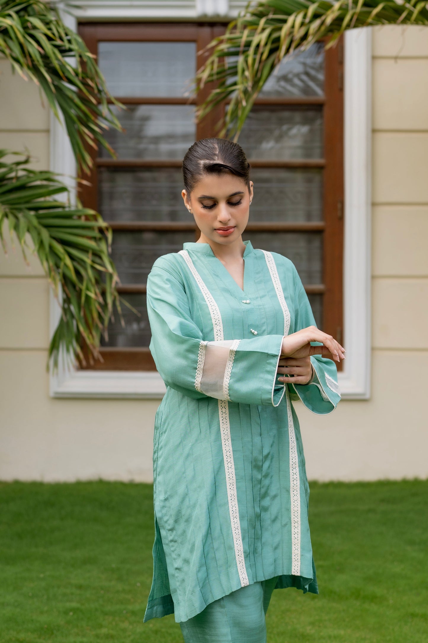 Premium Raw Silk 2-Piece Pintuck & Crochet Lace Suit | Ready To Wear