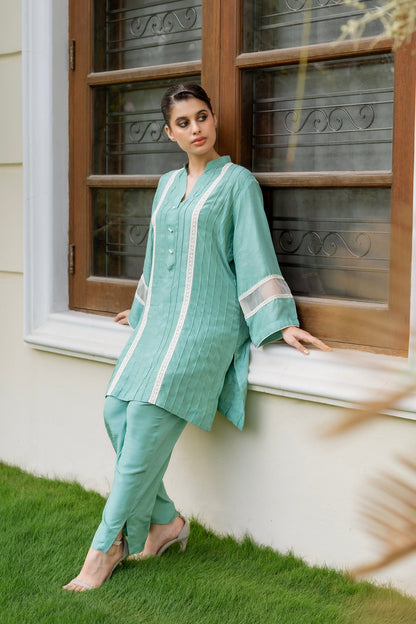 Premium Raw Silk 2-Piece Pintuck & Crochet Lace Suit | Ready To Wear