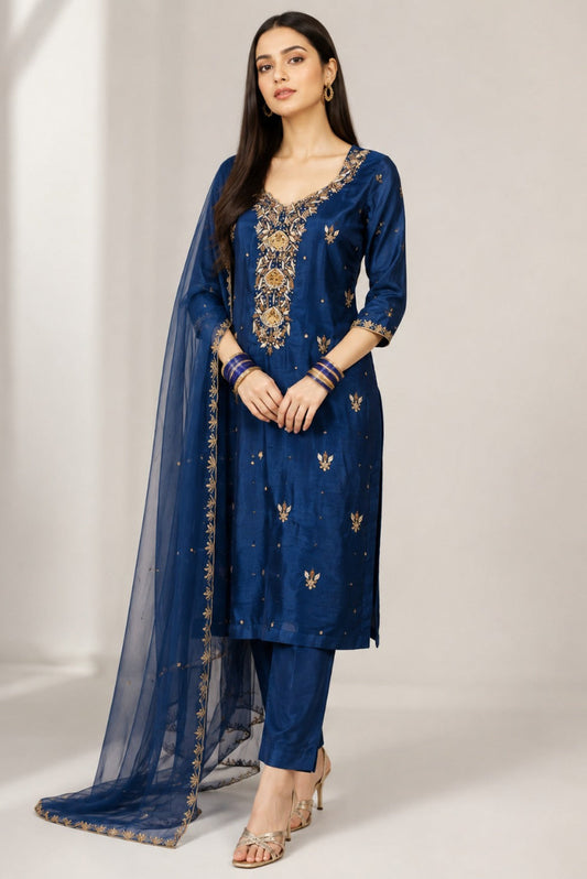 Nocturne Gold — Navy Embroidered 3-Piece Suit
