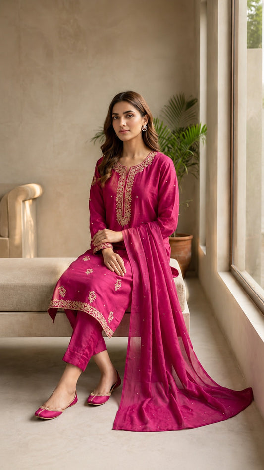 Luxurious Rich Fuchsia Pink/Magenta Silk 3-Piece Suit