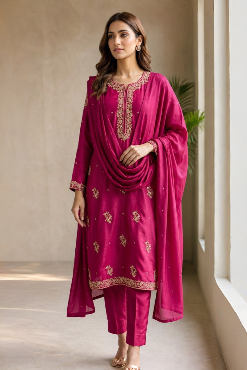 Luxurious Rich Fuchsia Pink/Magenta Silk 3-Piece Suit