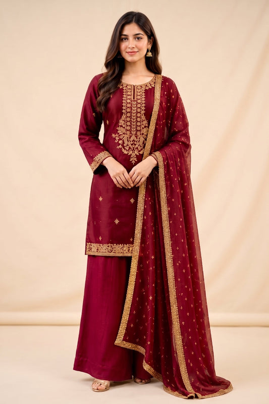 Crimson Luxe Embroidered 3-Piece Ensemble