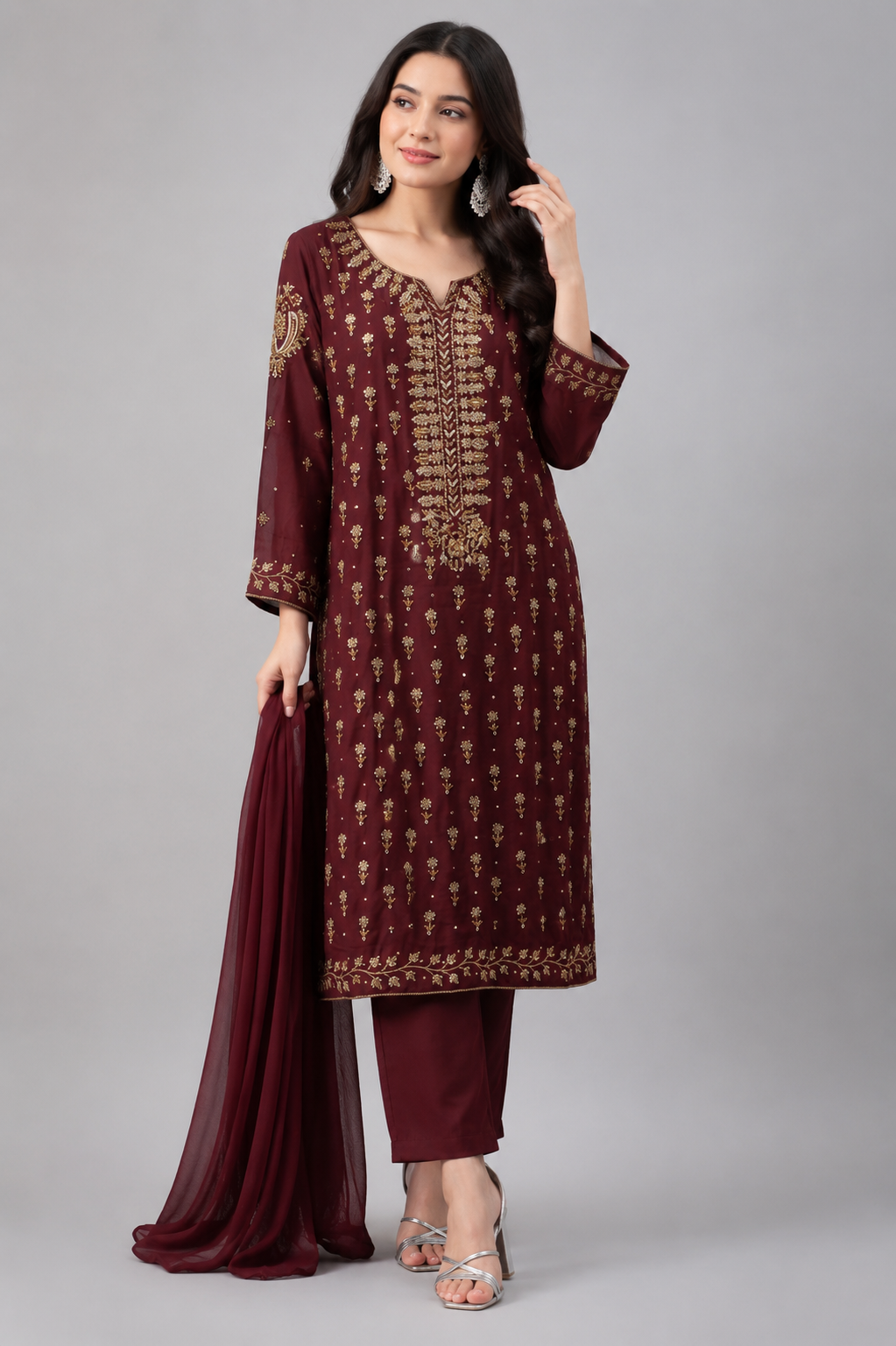 Maroon Elegance Goldwork 3-Piece Suit