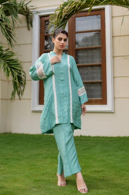 Premium Raw Silk 2-Piece Pintuck & Crochet Lace Suit | Ready To Wear