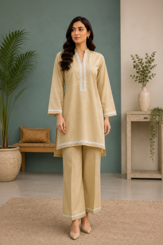 Elegant Khaadi Silk 2-Piece Suit with Delicate Lace Detailing | Ready T o Wear