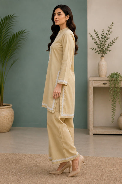 Elegant Khaadi Silk 2-Piece Suit with Delicate Lace Detailing | Ready T o Wear