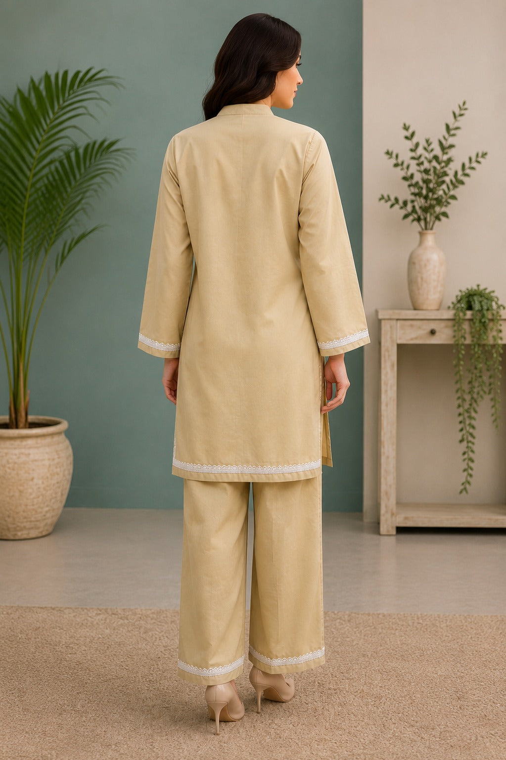Elegant Khaadi Silk 2-Piece Suit with Delicate Lace Detailing | Ready T o Wear