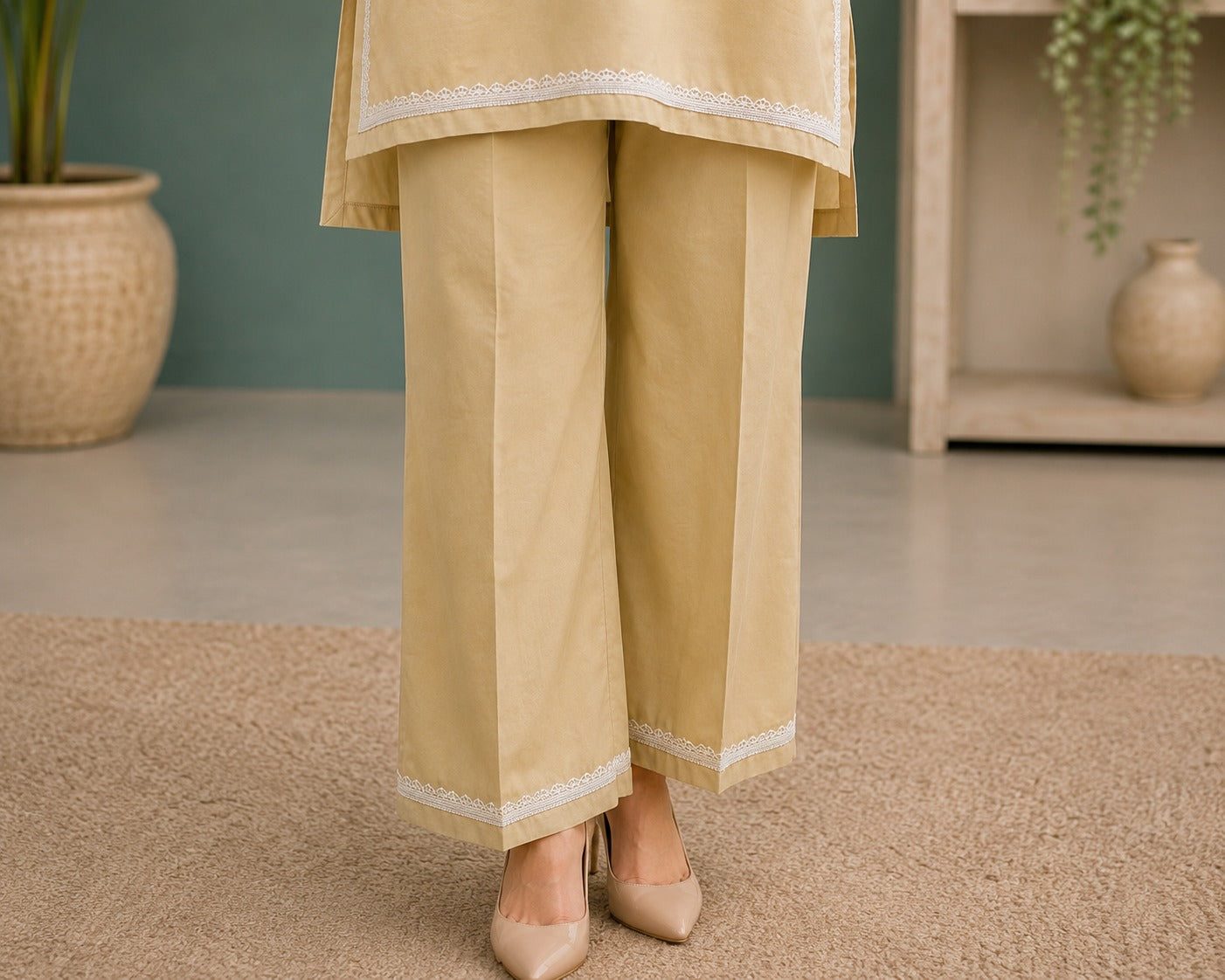 Elegant Khaadi Silk 2-Piece Suit with Delicate Lace Detailing | Ready T o Wear