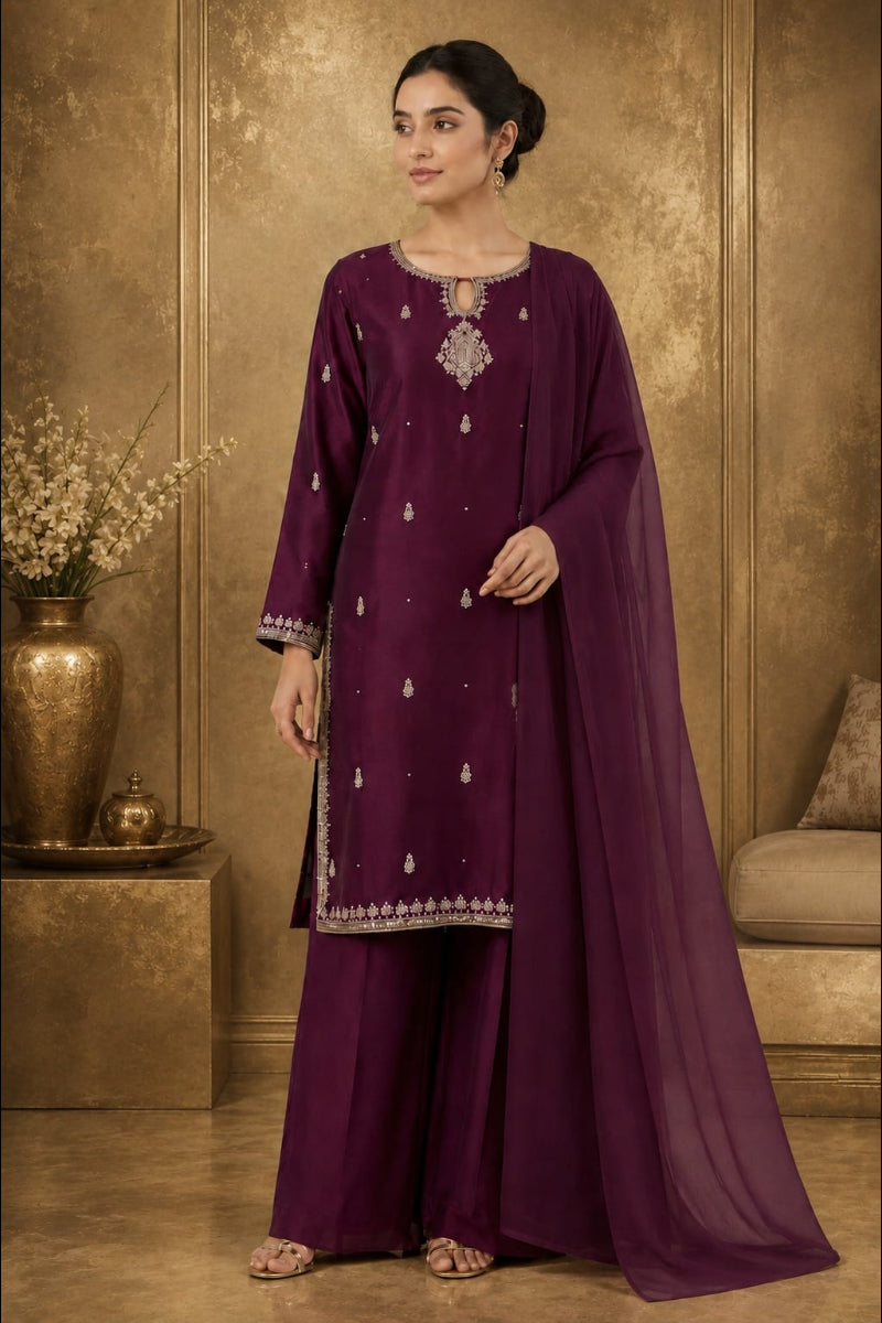 Plum Zari Embroidered 03-Piece Formal Suit