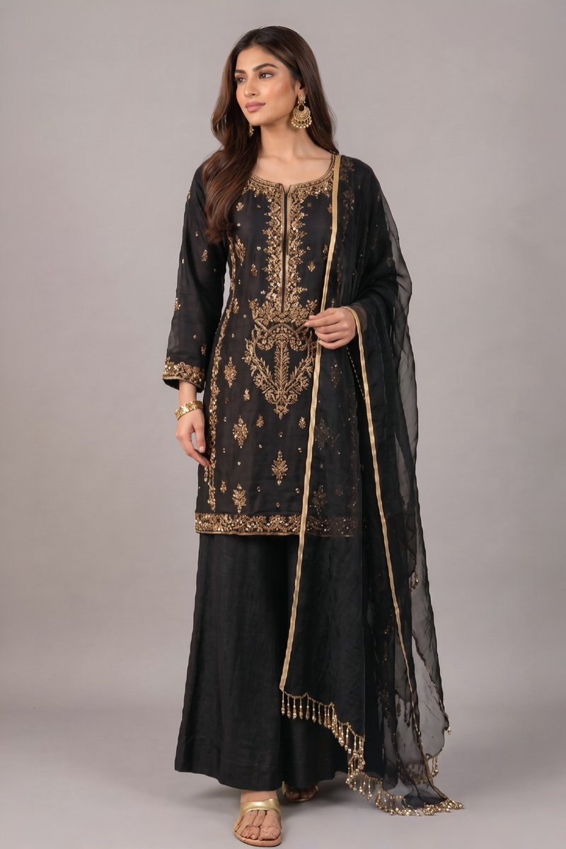 Noir Elegance 3-Piece Embroidered Suit