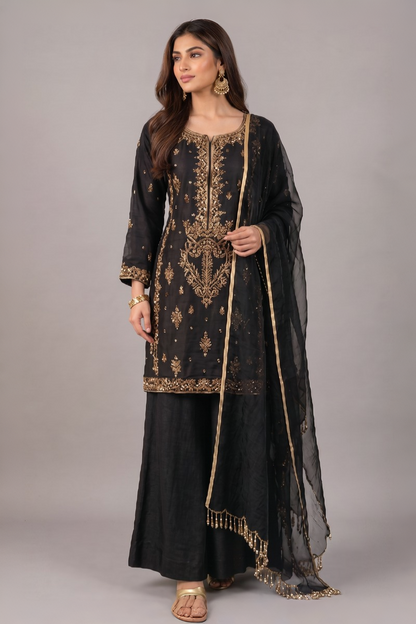 Noir Elegance 3-Piece Embroidered Suit