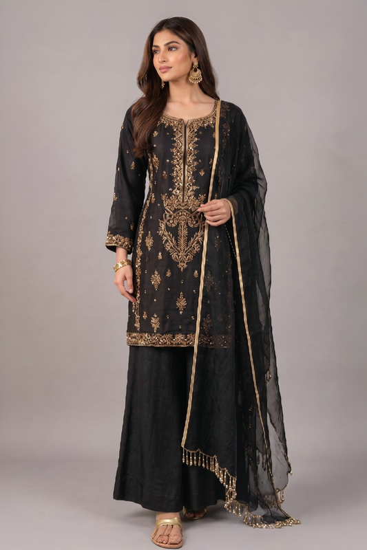 Noir Elegance 3-Piece Embroidered Suit