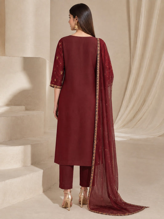 Burgundy Bloom – Embroidered 3-Piece Chiffon Suit