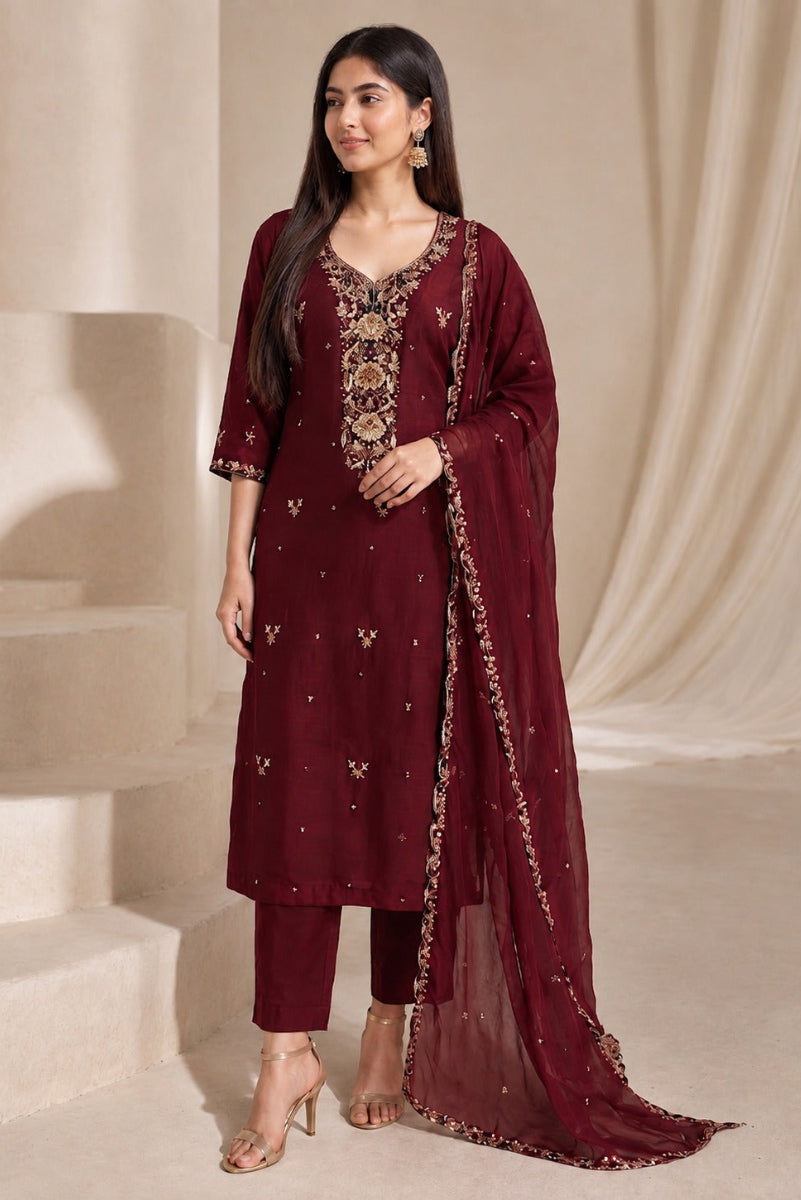 Burgundy Bloom – Embroidered 3-Piece Chiffon Suit