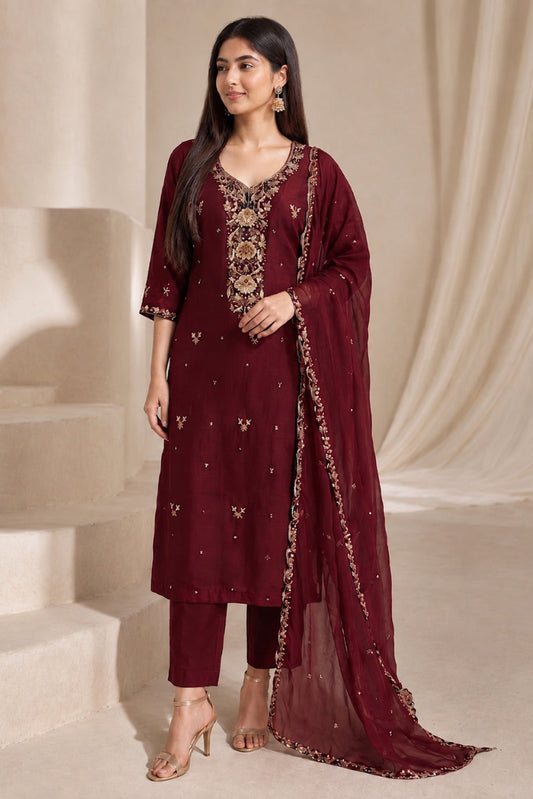 Burgundy Bloom – Embroidered 3-Piece Chiffon Suit