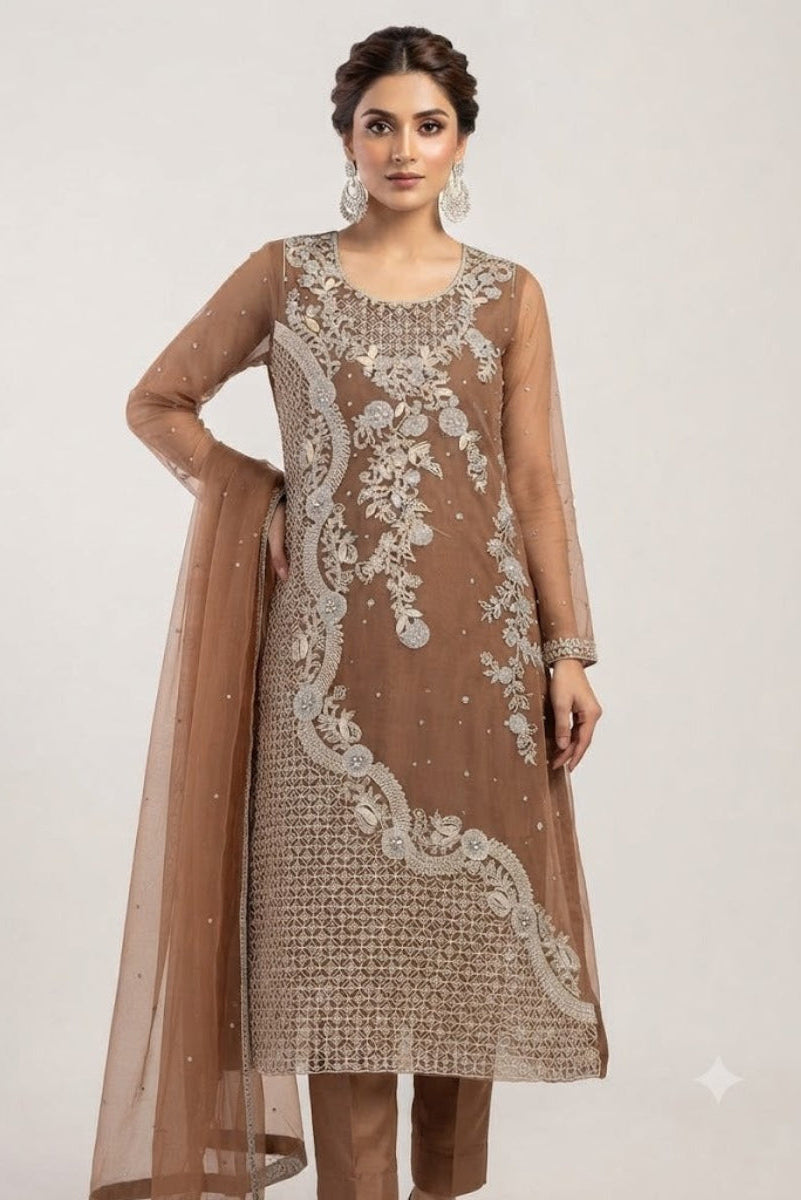 Moonlit Mocha 3-Piece Embroidered Suit
