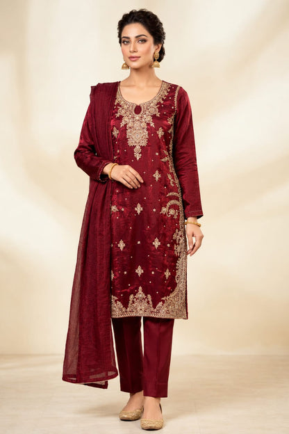 Maroon Opulence Goldwork 3-Piece Suit