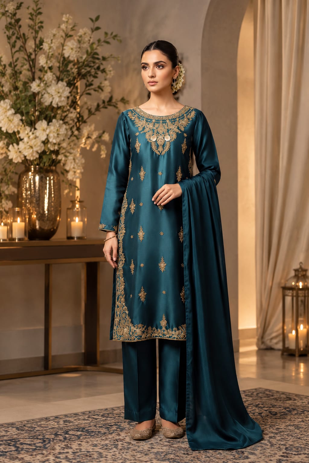 Teal Royale Embroidered Silk Suit