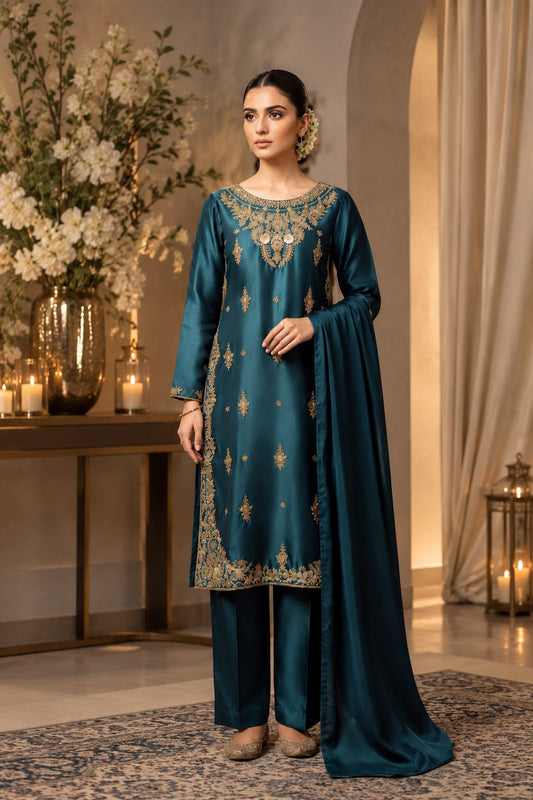 Teal Royale Embroidered Silk Suit